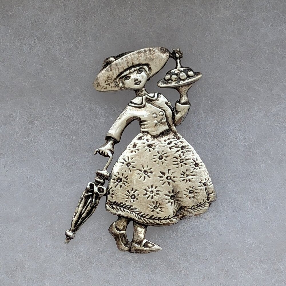 Designer Sterling 925 Young Lady Girl In Hat With Cake Fruit Umbrella Brooch Pin